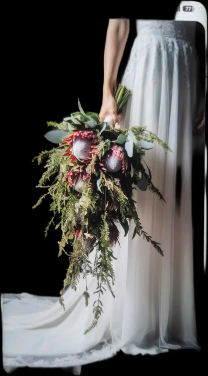 King protea bridal bouquet with delicate Lowveld greenery and blushing petals