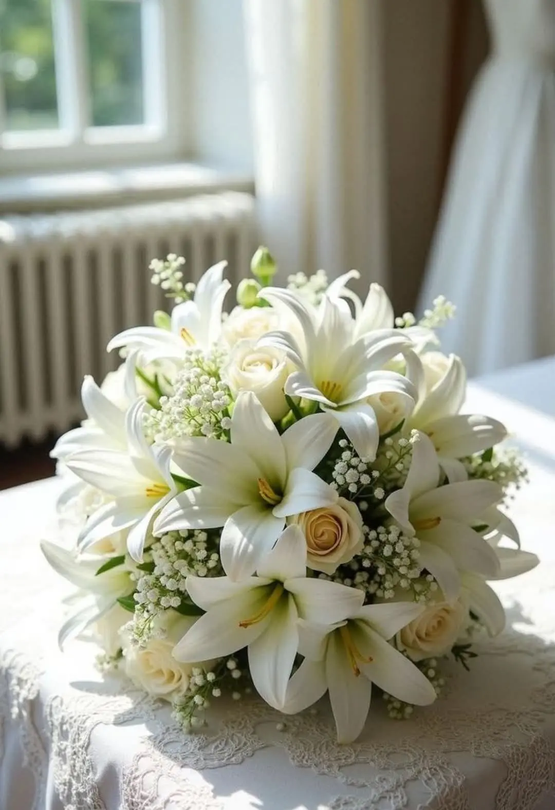 Crisp white oriental lilies and lisianthus bouquet