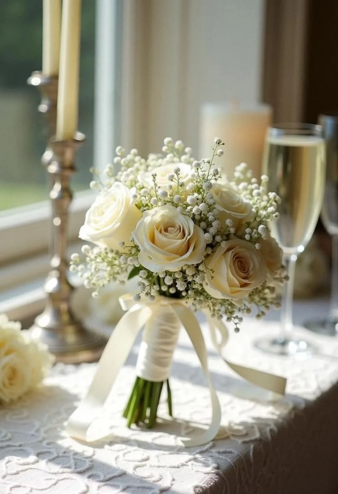Cream rose and baby breath bridal bouquet with ivory ribbon
