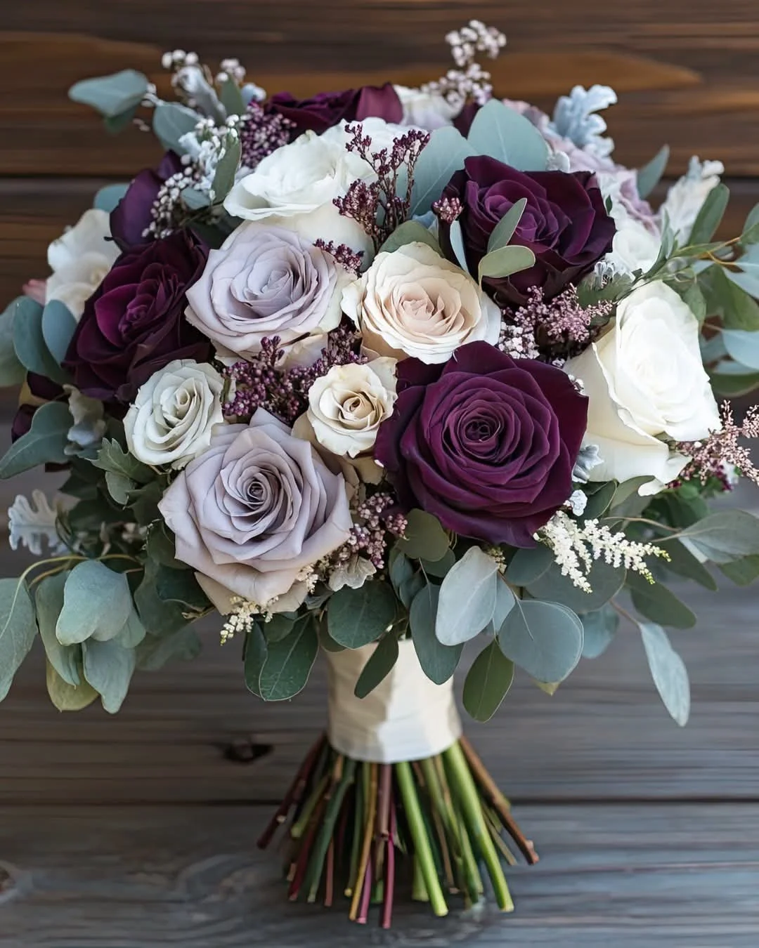 Plum purple and cream rose bridal bouquet with eucalyptus