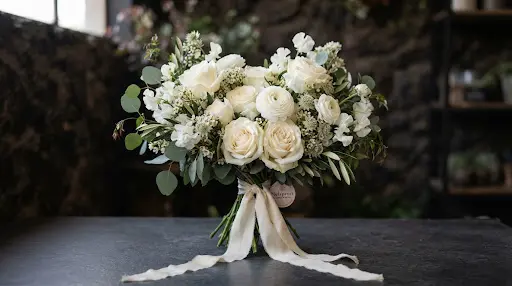Exquisite luxury bridal bouquet of ivory garden roses, white ranunculus, sweet peas and cream silk ribbon