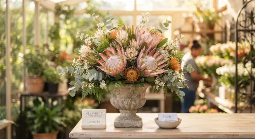Lush arrangement of indigenous king proteas, eucalyptus foliage and blushing bride flowers in a stone vase