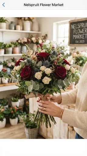 Hand-tied bouquet of burgundy roses, thistles and eucalyptus