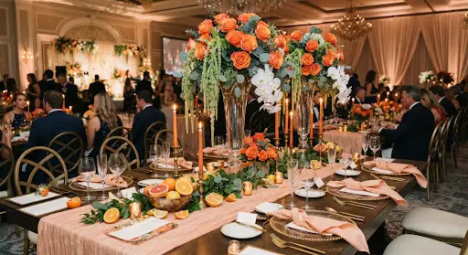 Corporate gala banquet table with orange roses, phalaenopsis orchids and taper candles