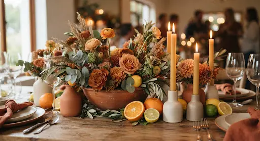 Dinner party centrepiece with beeswax candles and arrangements in stoneware vases
