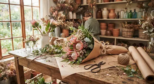 Florist worktable with wraps, shears and freshly harvested proteas