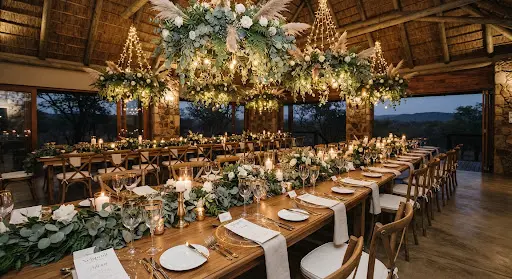 Wedding reception at an upscale Lowveld lodge with eucalyptus runners, hanging floral chandeliers and candle fixtures