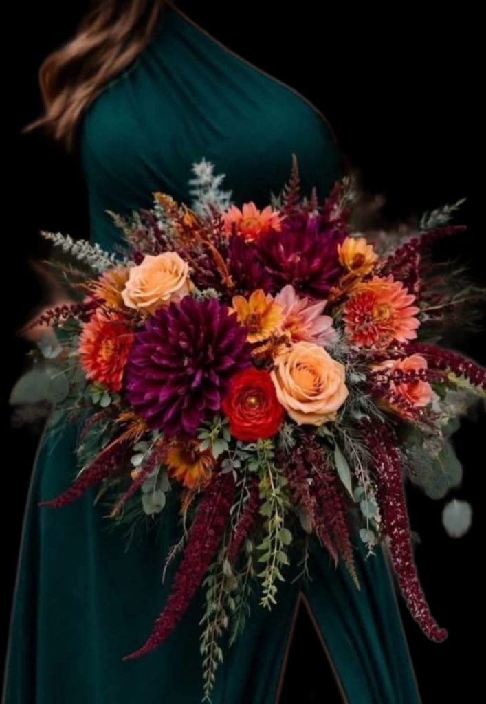 Autumn bridal bouquet with dahlias and roses