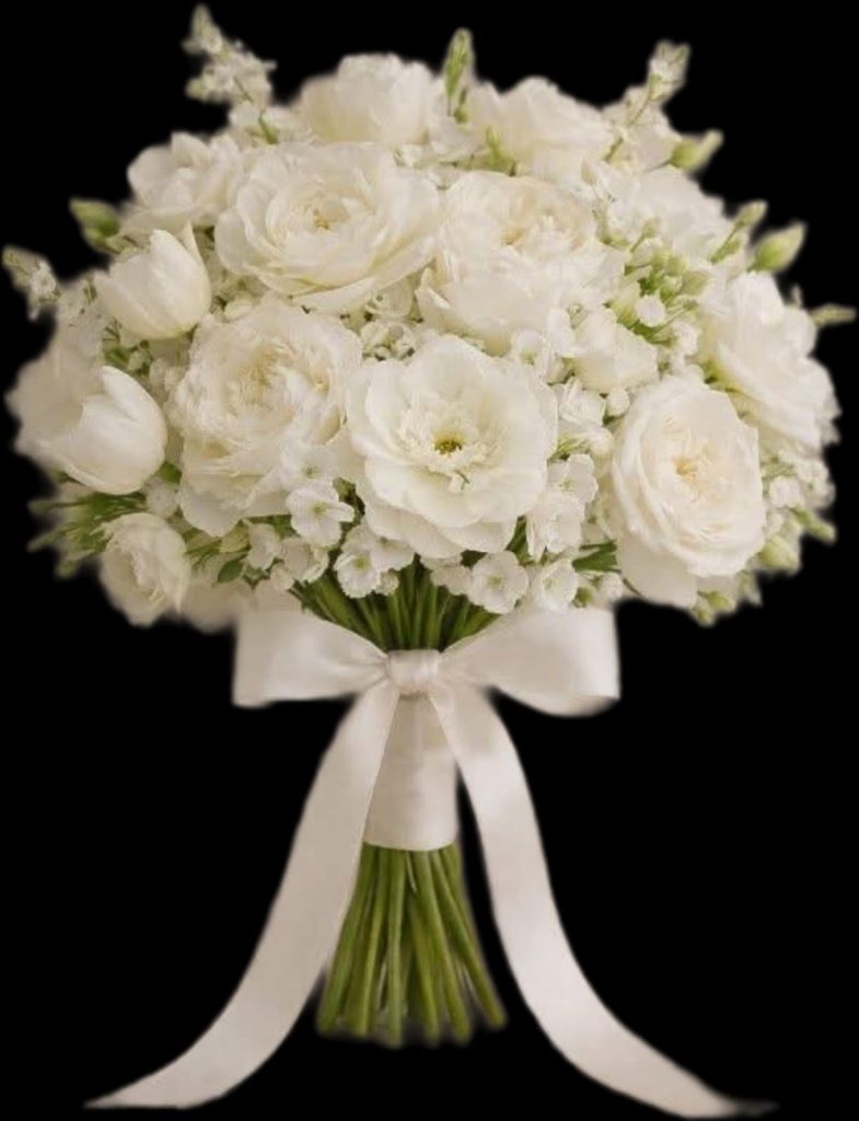 White rose bridal bouquet with ivory ribbon