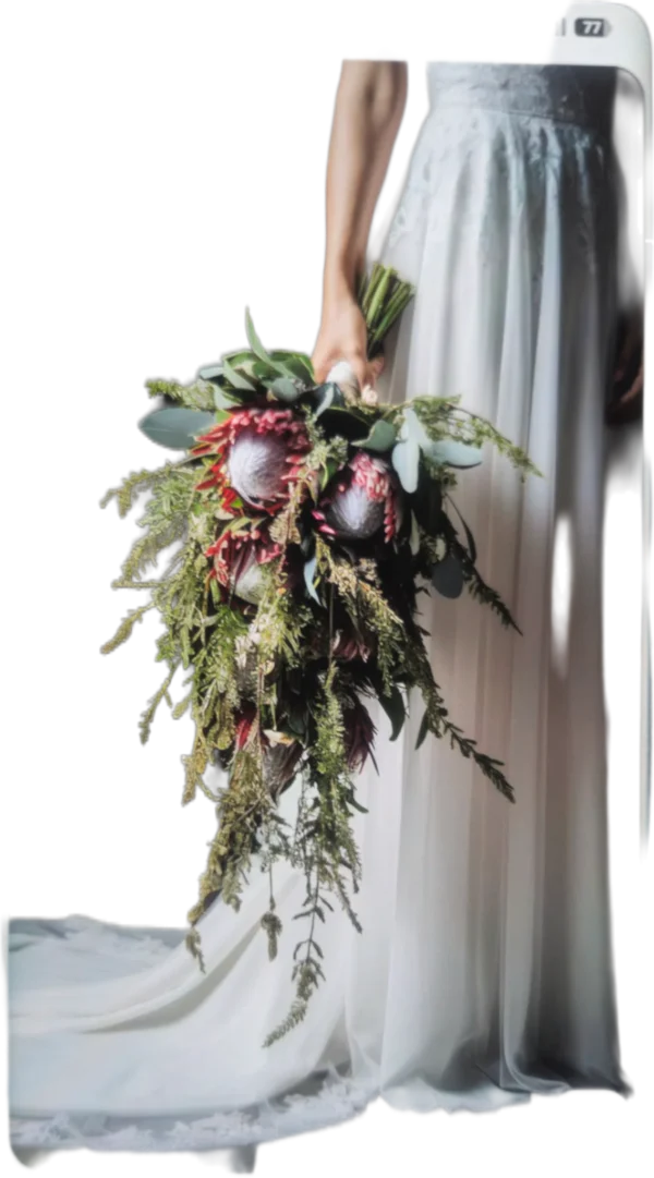 Cascading bridal bouquet with proteas and greenery held beside a wedding dress