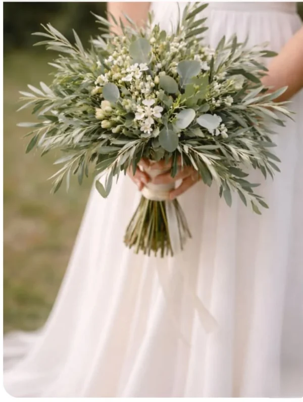 Olive and eucalyptus greenery bridal bouquet with white wax flower
