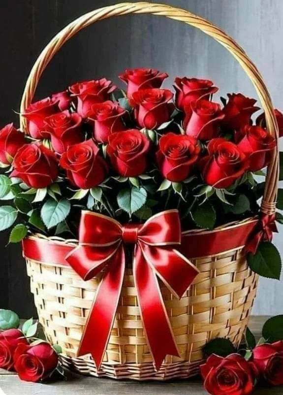 Red roses in a woven basket with a red bow