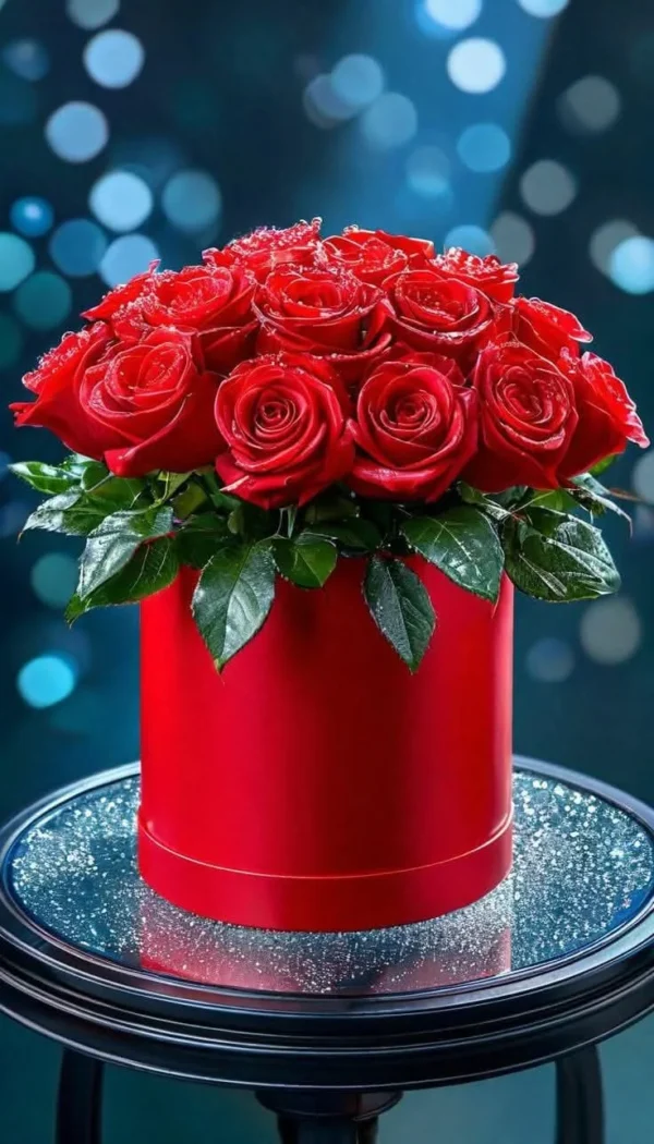 Red roses in a red hat box