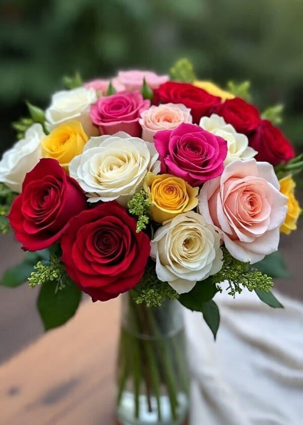 Vase with Mixed Colour Roses & Greenery